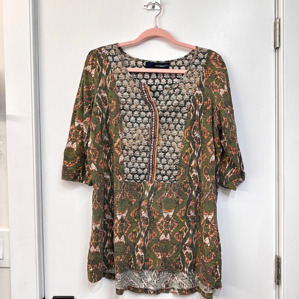 Denim 24/7 Bohemian Print Tunic Top M Embroidered Green/Orange Hippie Coastal‎